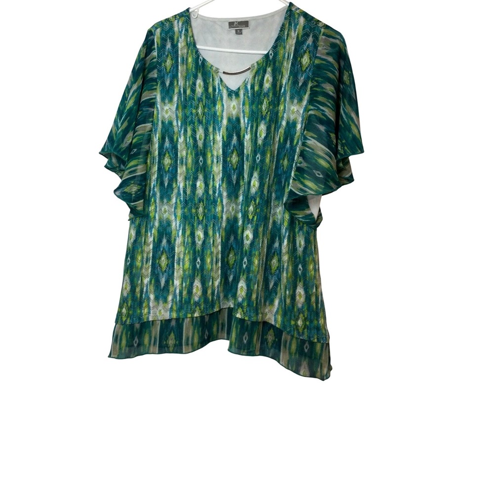 JM Collection Ombre Blouse Flutter Sleeve V-Neck Top Green‎ Blue 1X (131)